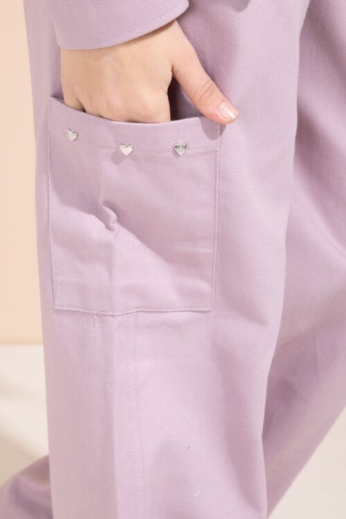 Pembe Kalp İşlemeli Gömlekli Geniş Paça Pantolonlu Kız Çocuk Gabardin Takım 23552