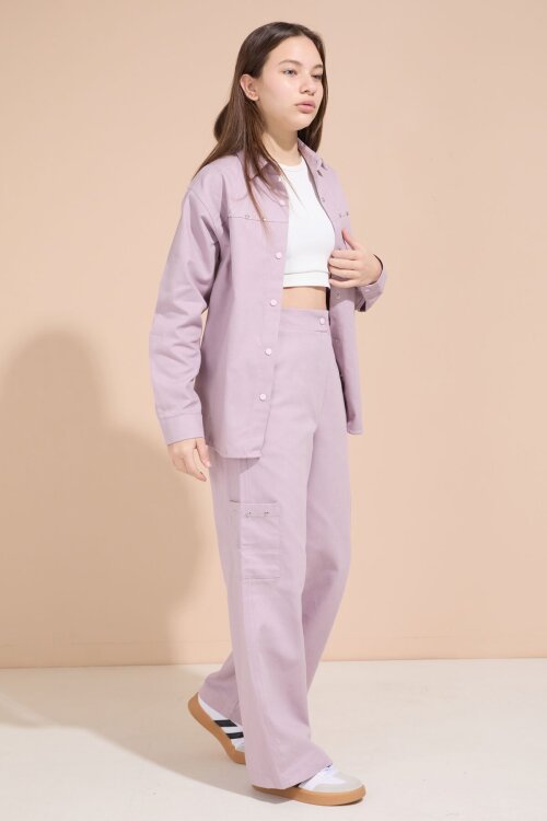 Pembe Kalp İşlemeli Gömlekli Geniş Paça Pantolonlu Kız Çocuk Gabardin Takım 23552