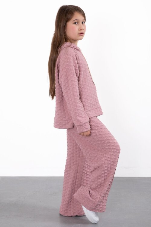 Pembe Kız Çocuk Dokulu Geniş Paça Kapüşonlu Eşofman Takımı 23302