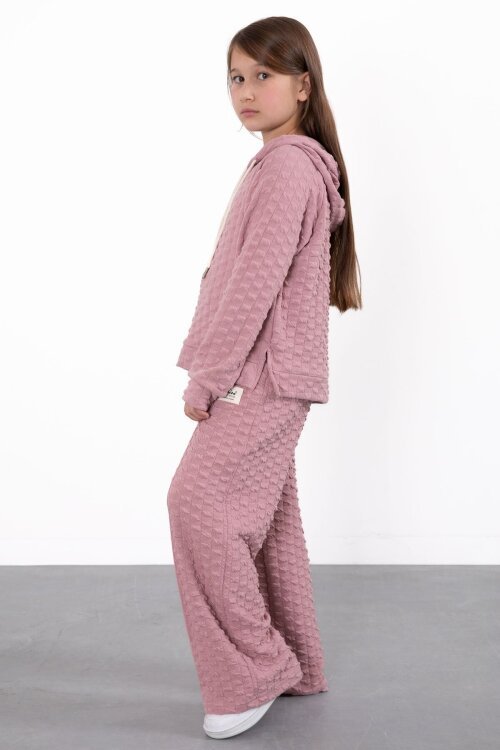 Pembe Kız Çocuk Dokulu Geniş Paça Kapüşonlu Eşofman Takımı 23302