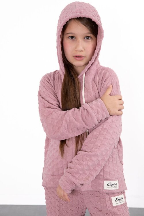 Pembe Kız Çocuk Dokulu Geniş Paça Kapüşonlu Eşofman Takımı 23302