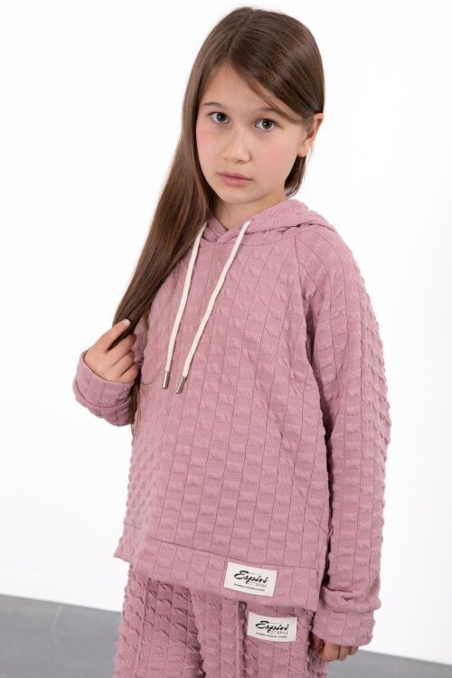 Pembe Kız Çocuk Dokulu Geniş Paça Kapüşonlu Eşofman Takımı 23302