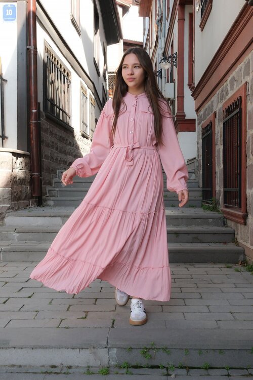 Pembe Kolları Büzgülü Kuşaklı Kız Çocuk Uzun Elbise  23399