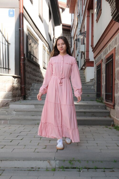 Pembe Kolları Büzgülü Kuşaklı Kız Çocuk Uzun Elbise  23399