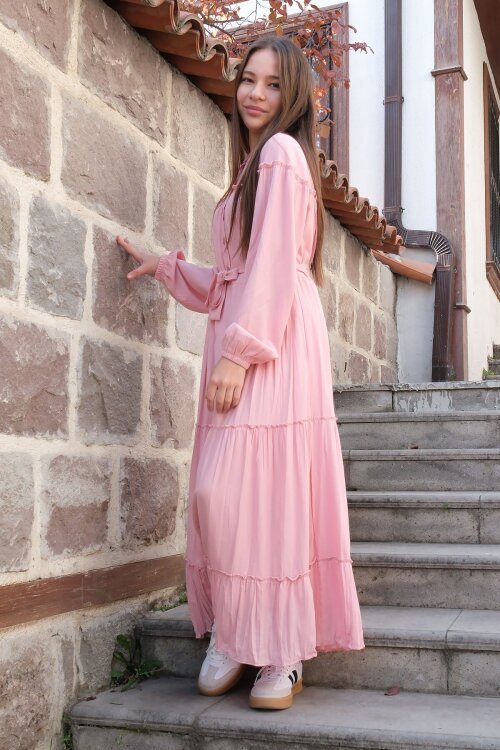 Pembe Kolları Büzgülü Kuşaklı Kız Çocuk Uzun Elbise  23399