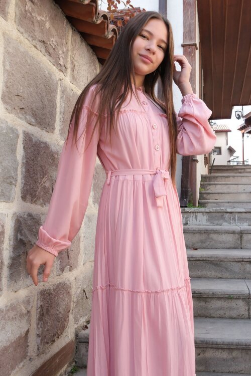 Pembe Kolları Büzgülü Kuşaklı Kız Çocuk Uzun Elbise  23399