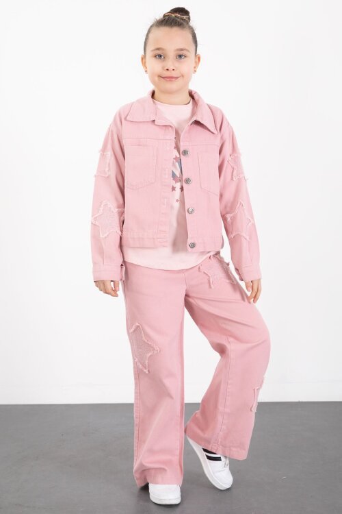Pembe Kolları Star Taşlı Jean Ceketli Kız Çocuk 3lü Alt Üst Takım 23424