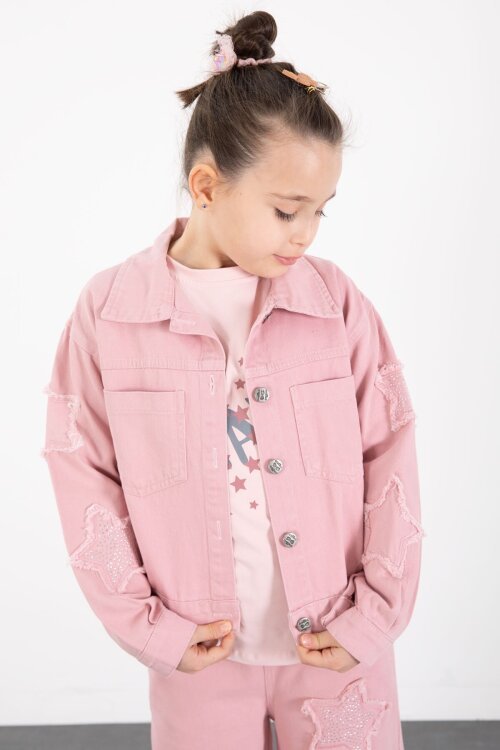 Pembe Kolları Star Taşlı Jean Ceketli Kız Çocuk 3lü Alt Üst Takım 23424