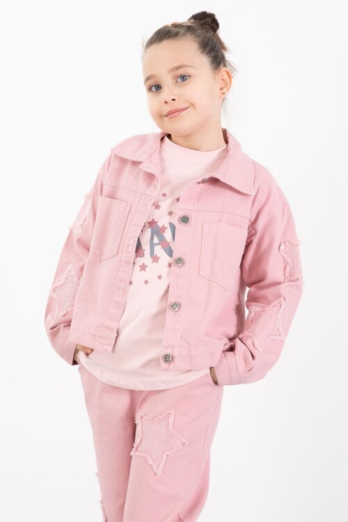 Pembe Kolları Star Taşlı Jean Ceketli Kız Çocuk 3lü Alt Üst Takım 23424