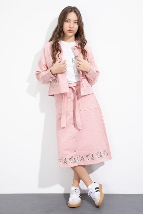 Pembe Nakış Detaylı Jean Ceketli Kuşaklı Etekli Kız Çocuk 3lü Takım  23502