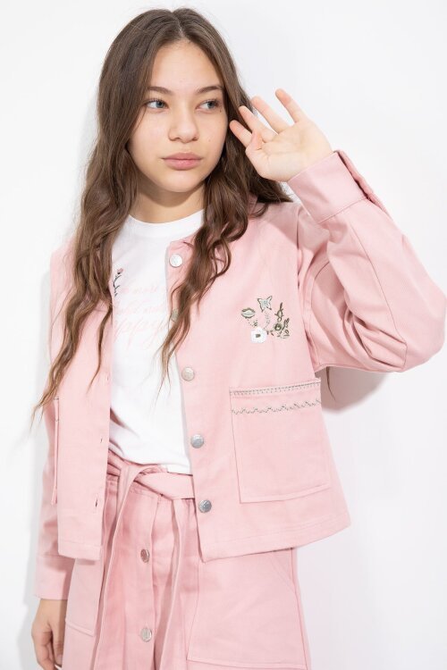 Pembe Nakış Detaylı Jean Ceketli Kuşaklı Etekli Kız Çocuk 3lü Takım  23502