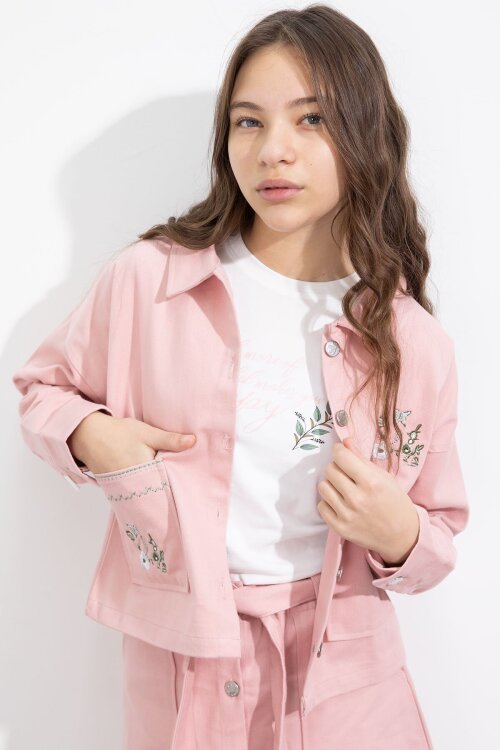 Pembe Nakış Detaylı Jean Ceketli Kuşaklı Etekli Kız Çocuk 3lü Takım  23502