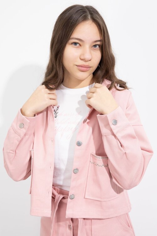 Pembe Nakış Detaylı Jean Ceketli Kuşaklı Etekli Kız Çocuk 3lü Takım  23502