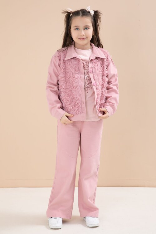 Pembe Önü Gül İşlemeli Ceketli Kız Çocuk Pantolonlu 3lü Alt Üst Takım 23605