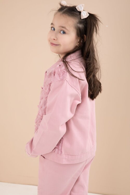Pembe Önü Gül İşlemeli Ceketli Kız Çocuk Pantolonlu 3lü Alt Üst Takım 23605