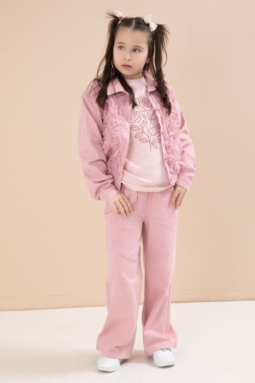 Pembe Önü Gül İşlemeli Ceketli Kız Çocuk Pantolonlu 3lü Alt Üst Takım 23605