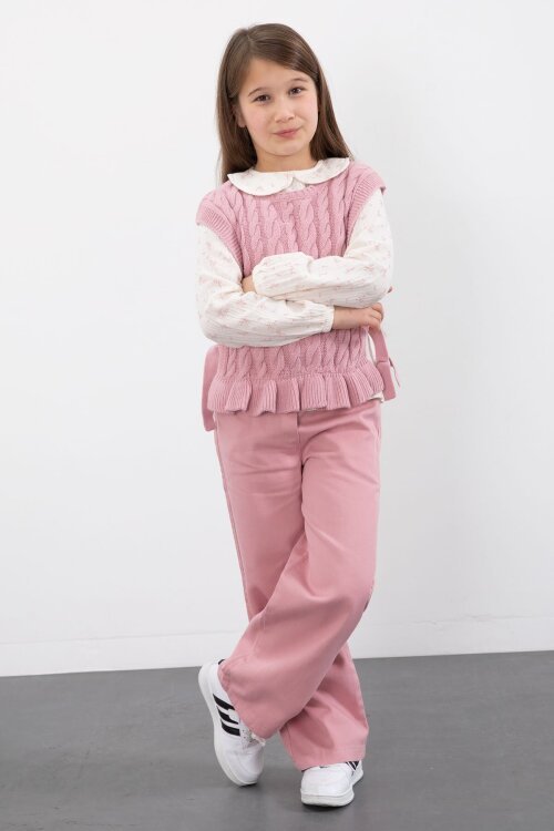 Pembe Örgü Süveterli Desenli Müslin Gömlekli Kız Çocuk 3lü Takım 20678
