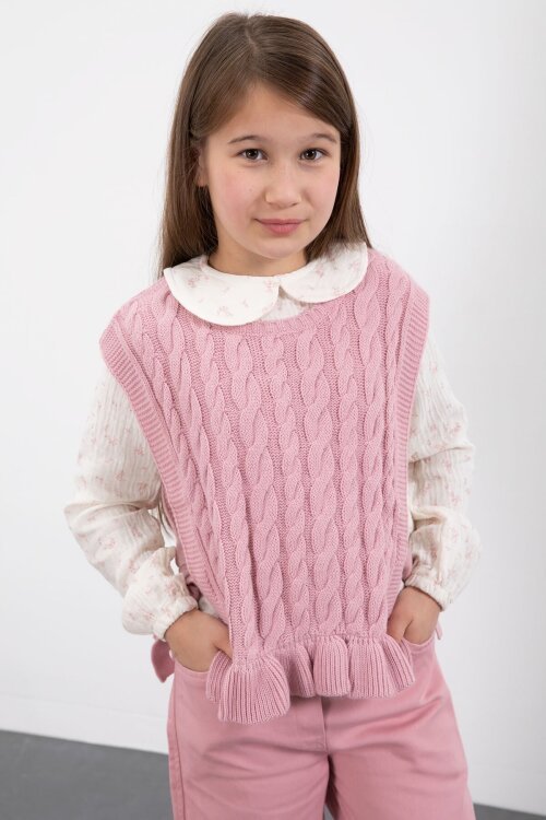 Pembe Örgü Süveterli Desenli Müslin Gömlekli Kız Çocuk 3lü Takım 20678