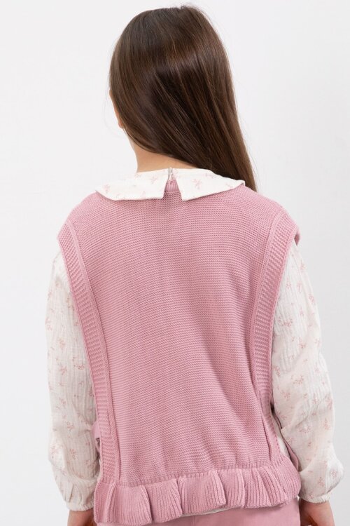 Pembe Örgü Süveterli Desenli Müslin Gömlekli Kız Çocuk 3lü Takım 20678