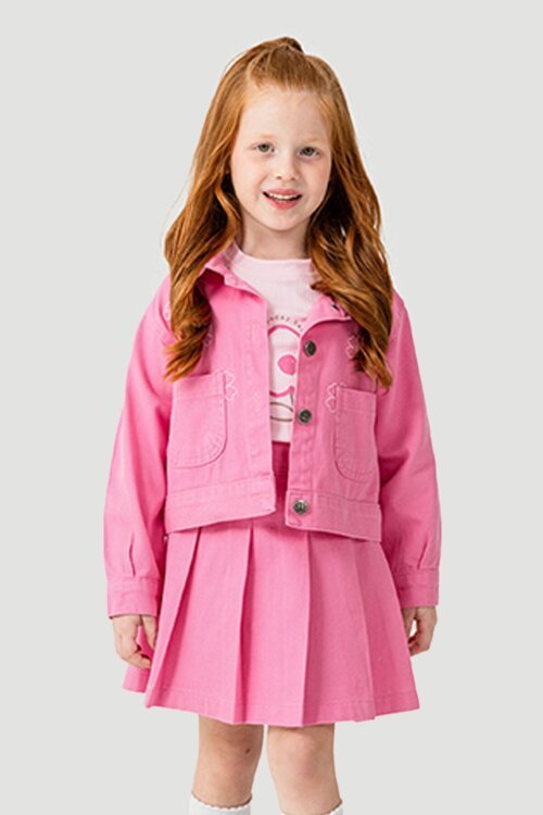 Pembe Papatya Nakışlı Ceketli Kız Çocuk Jean Ceketli 3lü Takım 23431