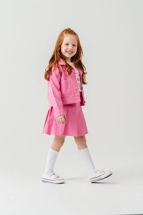 Pembe Papatya Nakışlı Ceketli Kız Çocuk Jean Ceketli 3lü Takım 23431