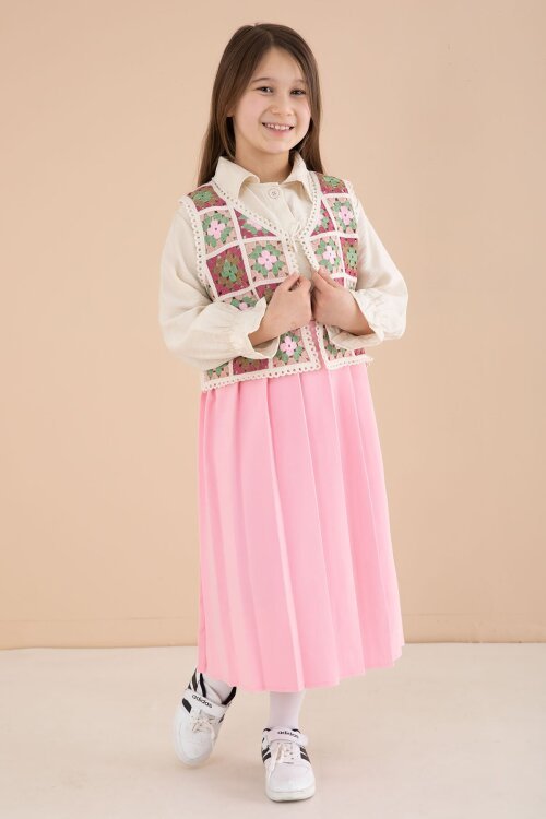 Pembe Sevimli Karakter Baskılı Ceketli ve Pantolonlu 3lü Kız Çocuk Takım 23585