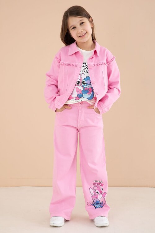 Pembe Sevimli Karakter Baskılı Ceketli ve Pantolonlu 3lü Kız Çocuk Takım 23585