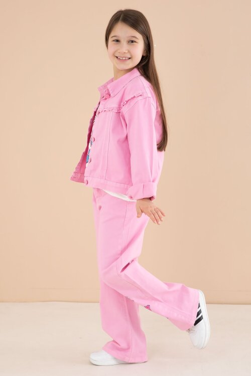 Pembe Sevimli Karakter Baskılı Ceketli ve Pantolonlu 3lü Kız Çocuk Takım 23585