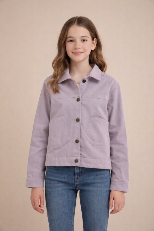 Pembe Sırtı Düğme Detaylı Kız Çocuk Gabardin Kumaş Ceket 23569