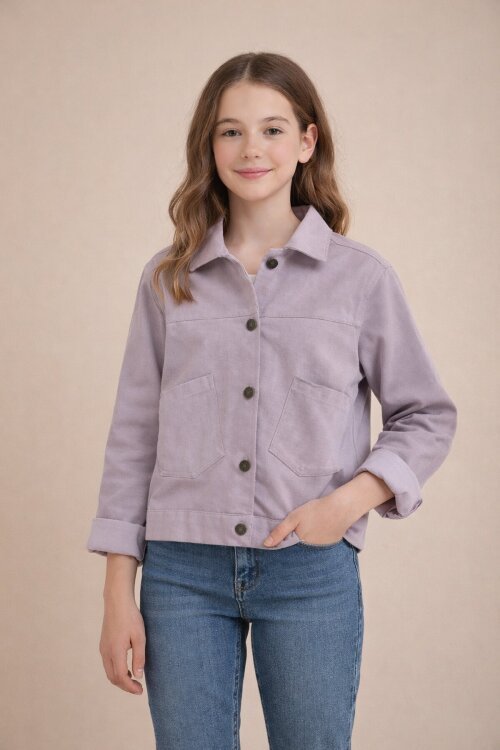 Pembe Sırtı Düğme Detaylı Kız Çocuk Gabardin Kumaş Ceket 23569