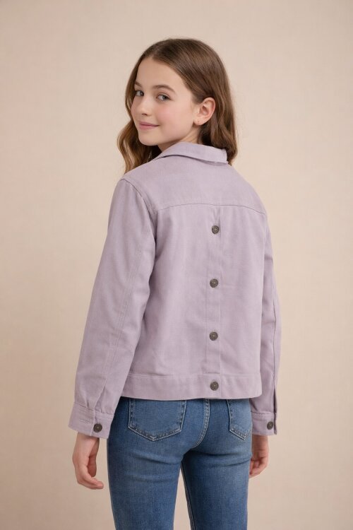 Pembe Sırtı Düğme Detaylı Kız Çocuk Gabardin Kumaş Ceket 23569