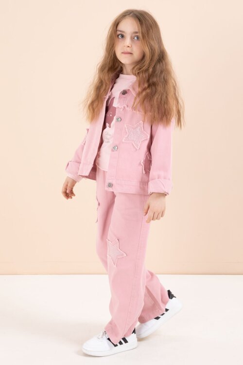 Pembe Taşlı Yıldız Nakışlı Jean Ceketli 3lü Pantolonlu Kız Takım 23435