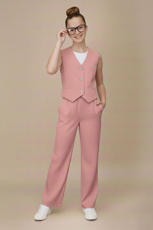 Pembe V Yaka Düğmeli Yelekli Geniş Paça Pantolonlu Kız Çocuk 2li Takım 20724