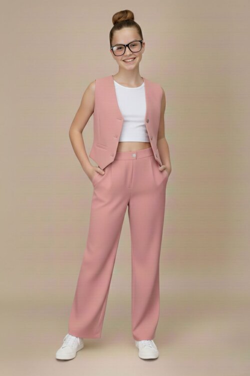 Pembe V Yaka Düğmeli Yelekli Geniş Paça Pantolonlu Kız Çocuk 2li Takım 20724