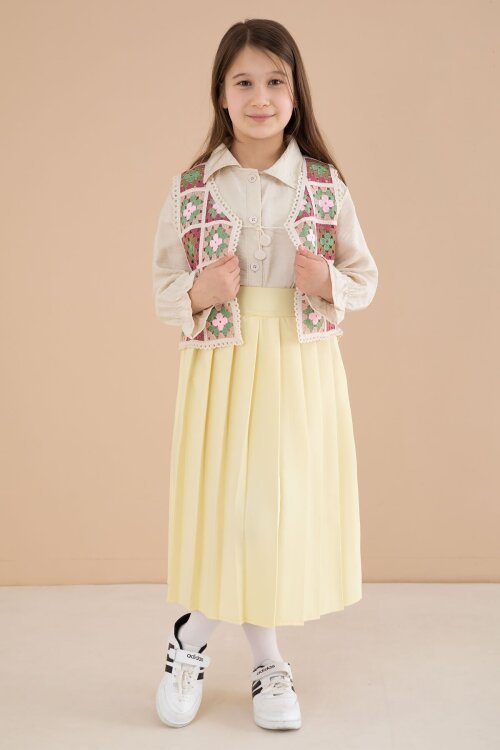 Sarı Çiçek Desen Örgü Süveterli Gömlekli Kız Çocuk Etekli 3lü Takım  23582