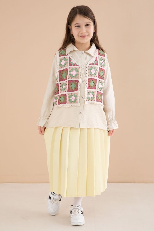 Sarı Çiçek Desen Örgü Süveterli Gömlekli Kız Çocuk Etekli 3lü Takım  23582