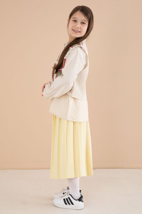 Sarı Çiçek Desen Örgü Süveterli Gömlekli Kız Çocuk Etekli 3lü Takım  23582