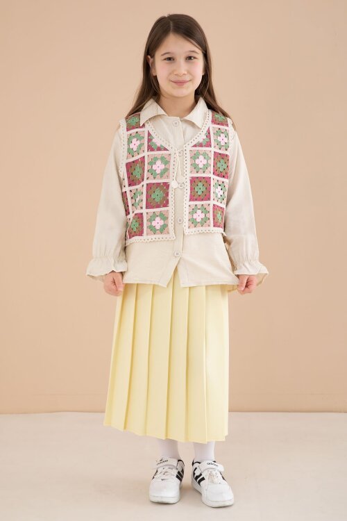 Sarı Çiçek Desen Örgü Süveterli Gömlekli Kız Çocuk Etekli 3lü Takım  23582