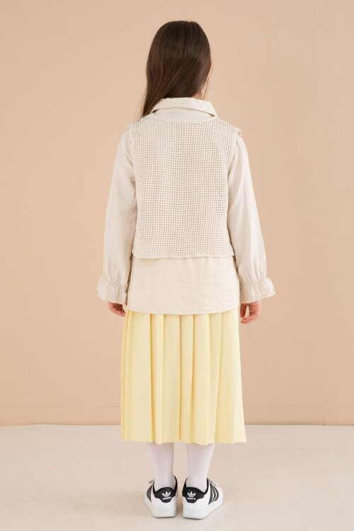 Sarı Çiçek Desen Örgü Süveterli Gömlekli Kız Çocuk Etekli 3lü Takım  23582