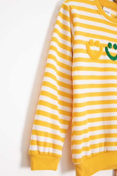 Sarı Erkek Çocuk Gülenyüz Nakışlı Çizgili Şardonlu Takım 23319