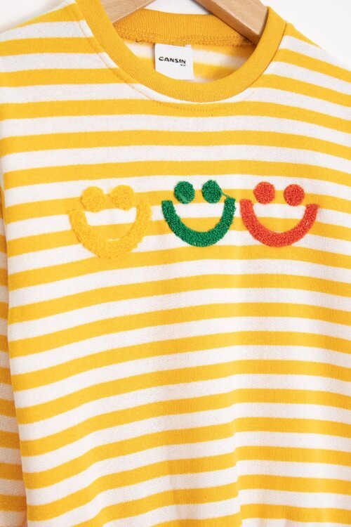 Sarı Erkek Çocuk Gülenyüz Nakışlı Çizgili Şardonlu Takım 23319