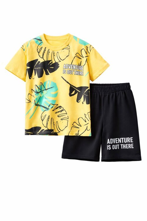 Sarı Yaprak Baskılı Bisiklet Yaka Erkek Çocuk 2li Şortlu Takım 21056