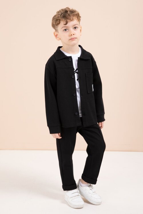 Siyah Arma Detaylı Gömlekli Duble Paça Pantolonlu Erkek Çocuk 3lü Takım 23619