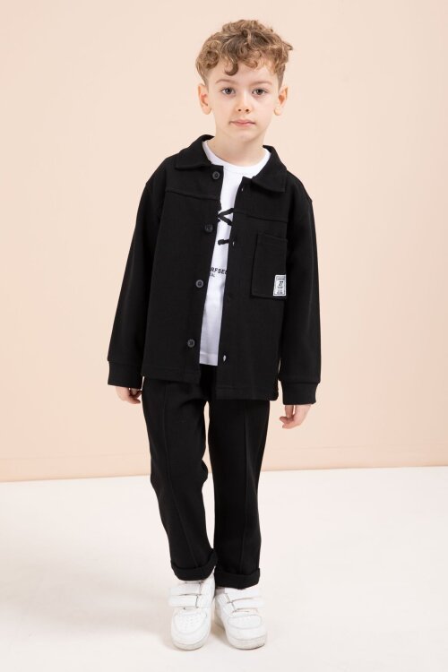 Siyah Arma Detaylı Gömlekli Duble Paça Pantolonlu Erkek Çocuk 3lü Takım 23619