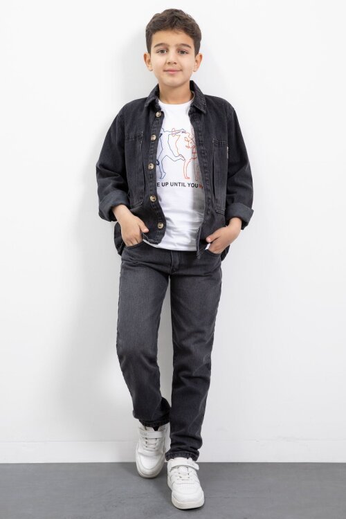 Siyah Armalı Jean Gömlekli Erkek Çocuk Pantolonlu 3lü Jean Takım  23468