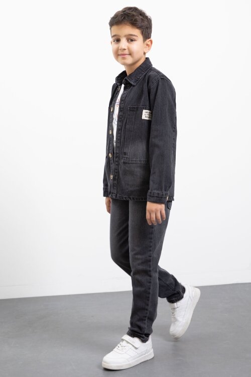 Siyah Armalı Jean Gömlekli Erkek Çocuk Pantolonlu 3lü Jean Takım  23468
