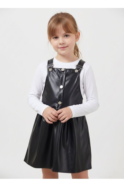 Siyah Askılı Kız Çocuk Suni Deri Salopet 17637