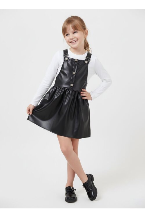 Siyah Askılı Kız Çocuk Suni Deri Salopet 17637