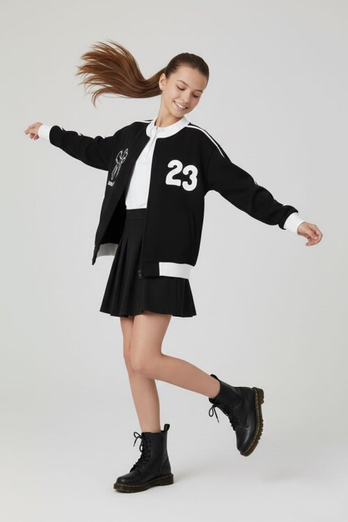 Siyah Beautifull Yazılı Kolu Şeritli Kız Çocuk Kolej Hırka 21190