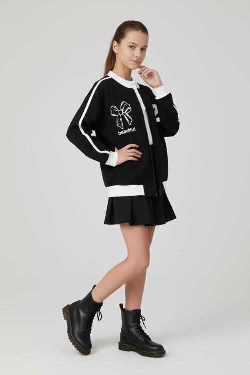 Siyah Beautifull Yazılı Kolu Şeritli Kız Çocuk Kolej Hırka 21190